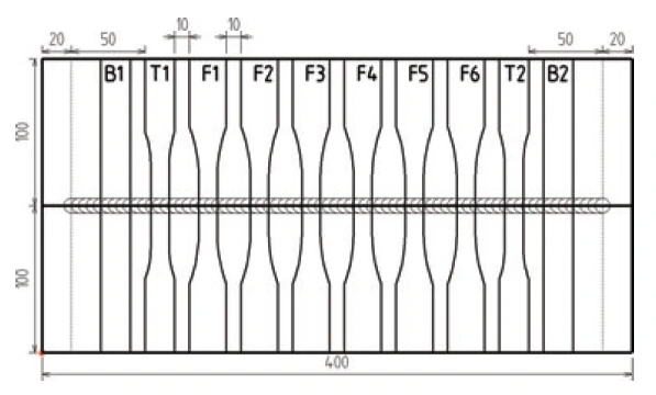 Drawing of the welded joint and specimen layout