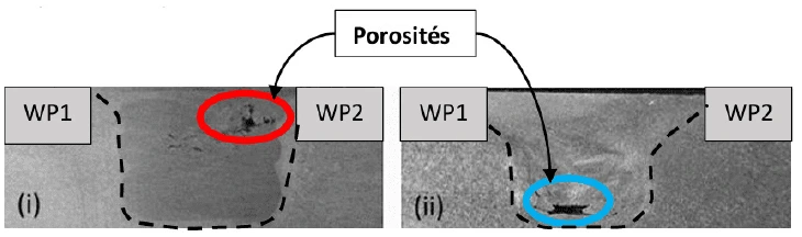 Porositätsfehler: (i) Heißschweißstellen; (ii) Kaltschweißstellen, WP1 Werkstück 1 und WP2 Werkstück 2. – bei der Temperaturmessung